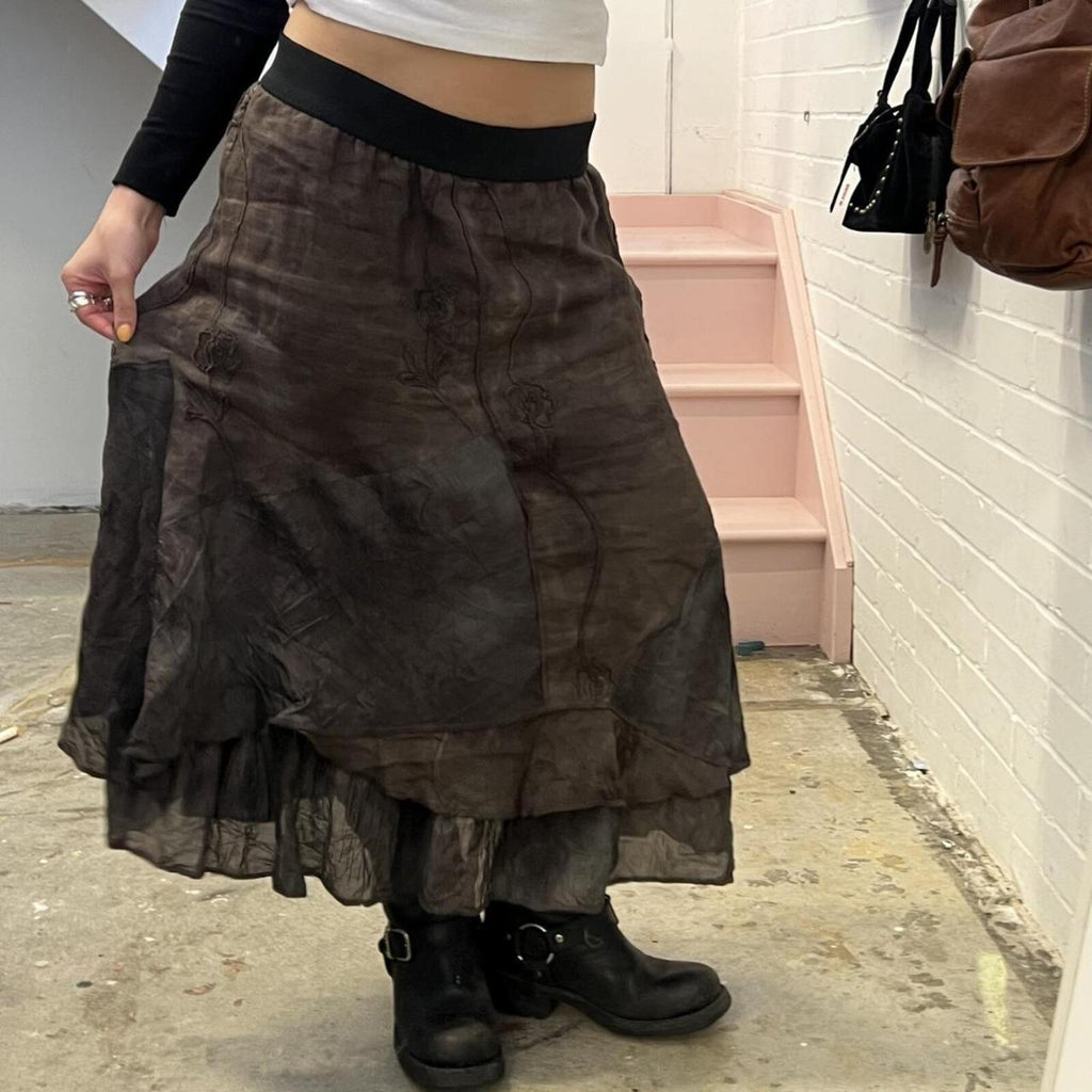 brown and grey tie dye layered floaty vintage maxi skirt