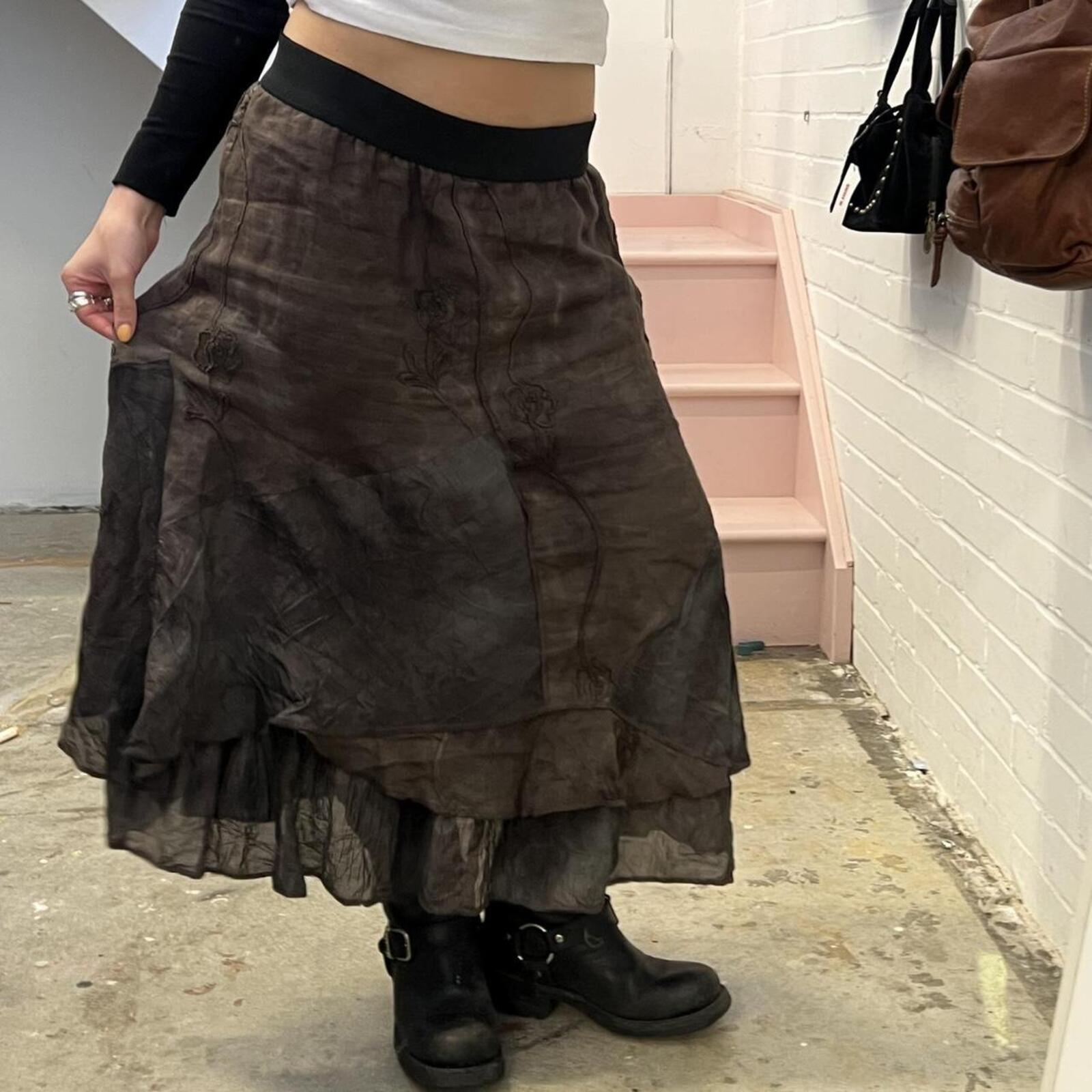 brown and grey tie dye layered floaty vintage maxi skirt