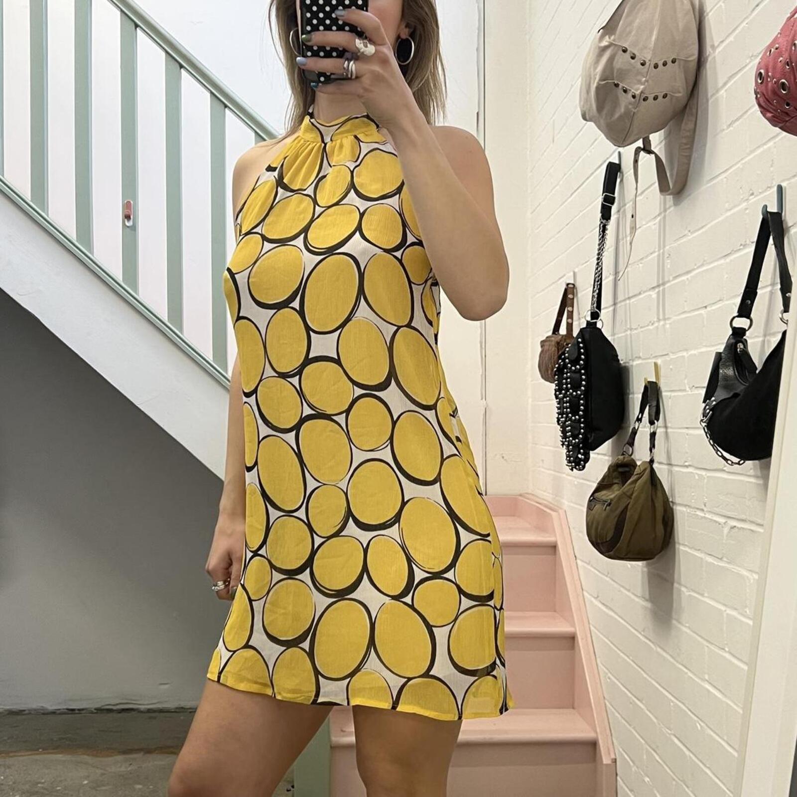 Yellow polka dot geo print halter neck vintage slip dress