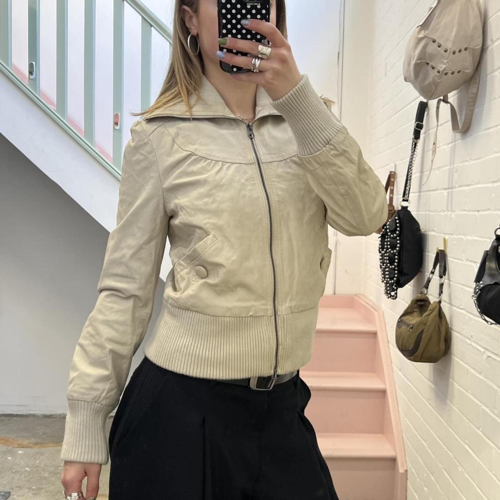 cream suede leather fitted vintage bomber jacket