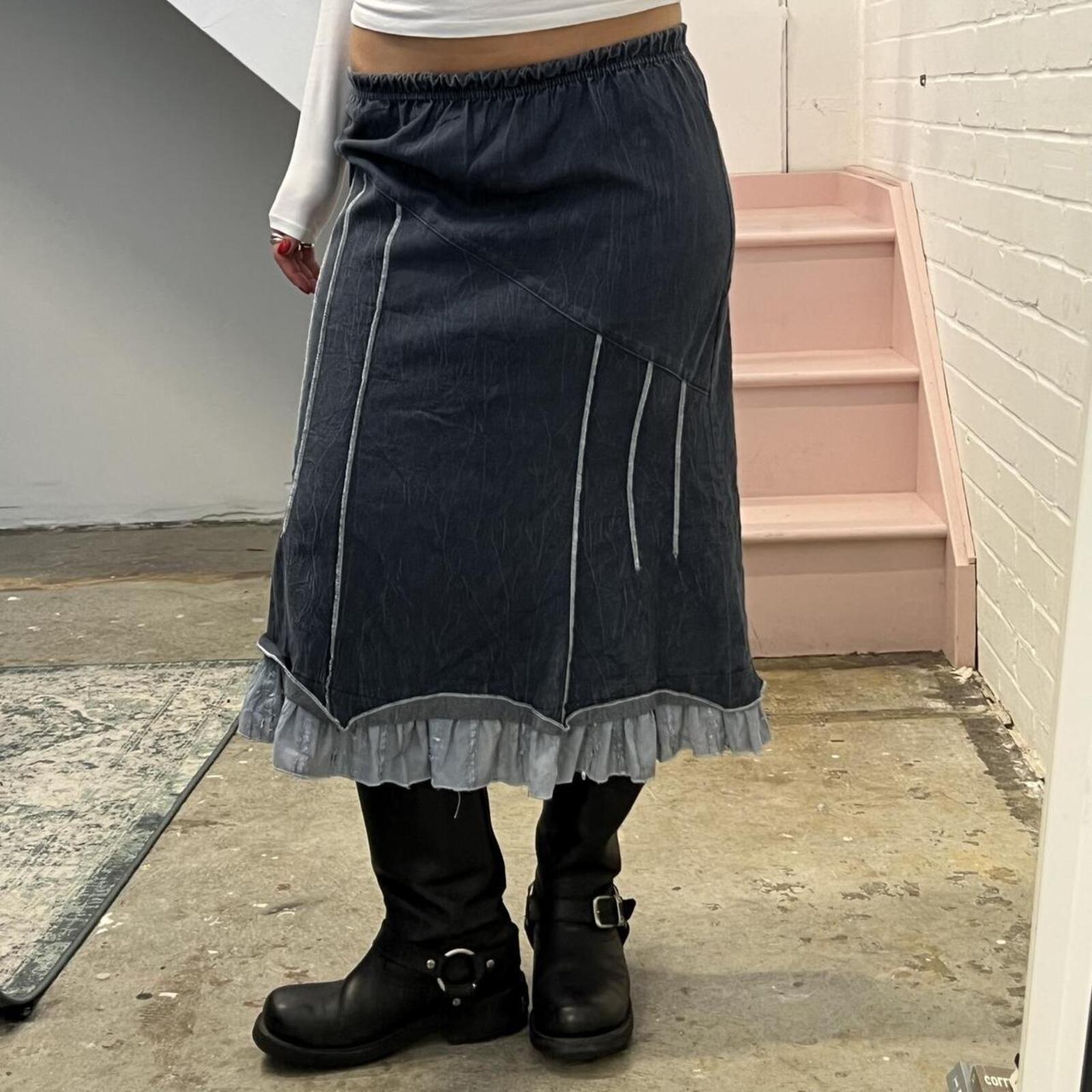 Navy denim look utility style midi skirt