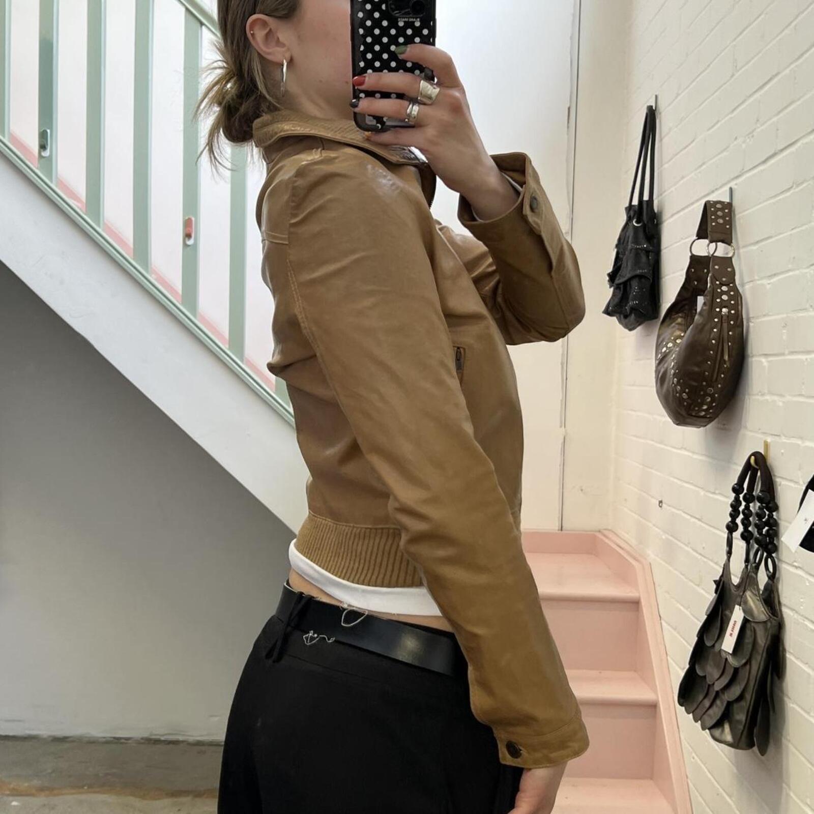 Tan brown real leather zip up fitted bomber jacket