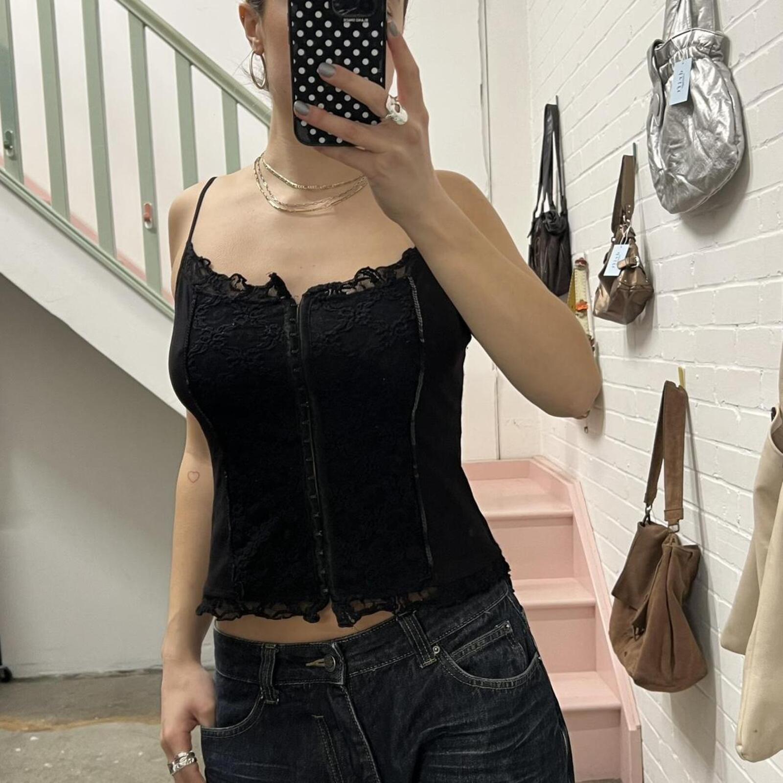 black lace lambs wool cami with hook and eye clasp detail