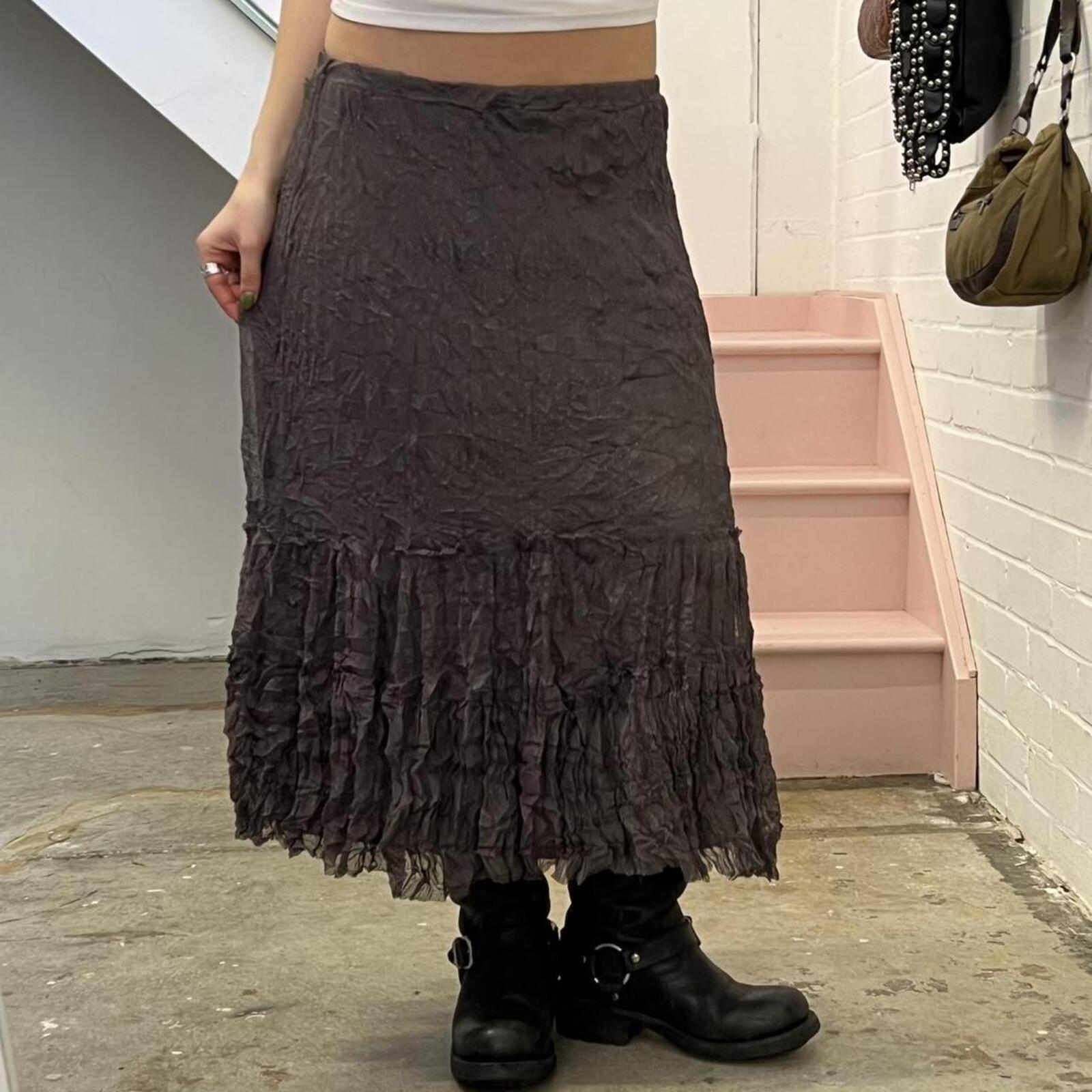 grey brown crinkle mesh vintage floaty maxi skirt