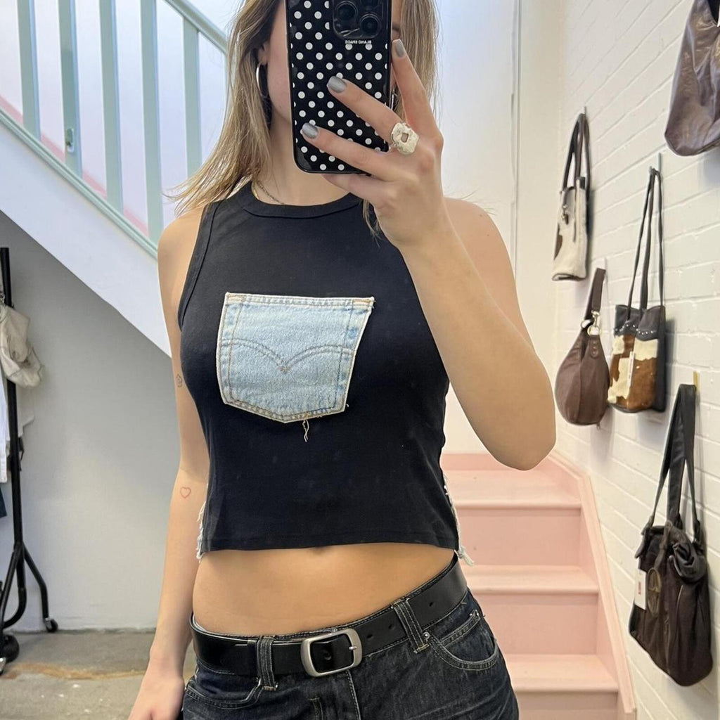 black fitted vintage vest with denim patchwork detail