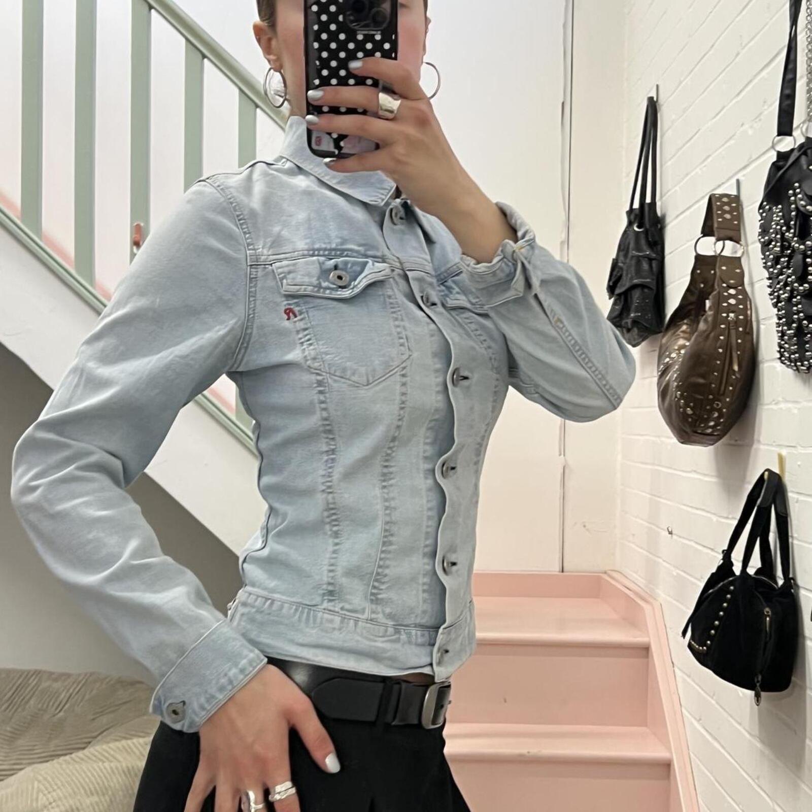 Baby blue light wash fitted button up denim jacket