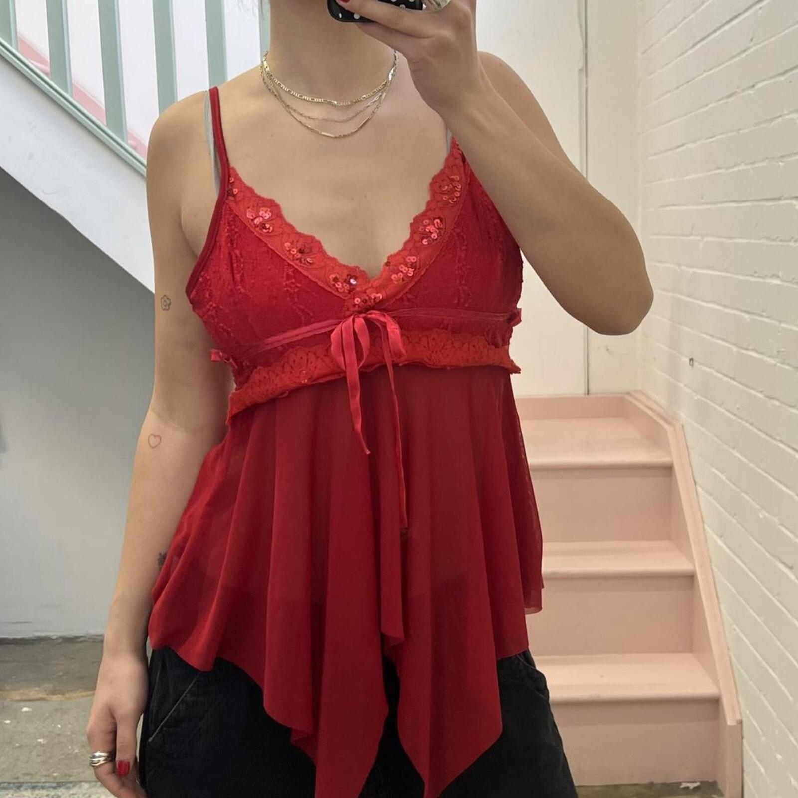 Red mesh beaded floaty asymmetrical vintage cami top