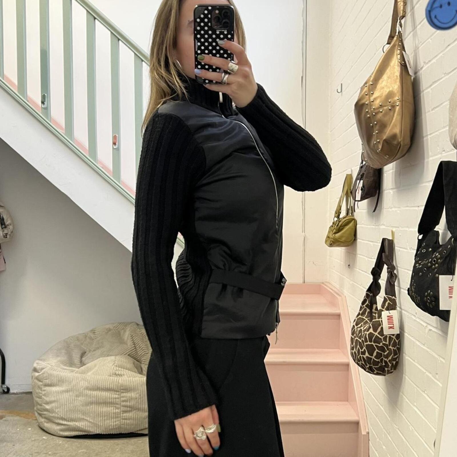 black vintage zip up high neck lightweight jacket with belted waist