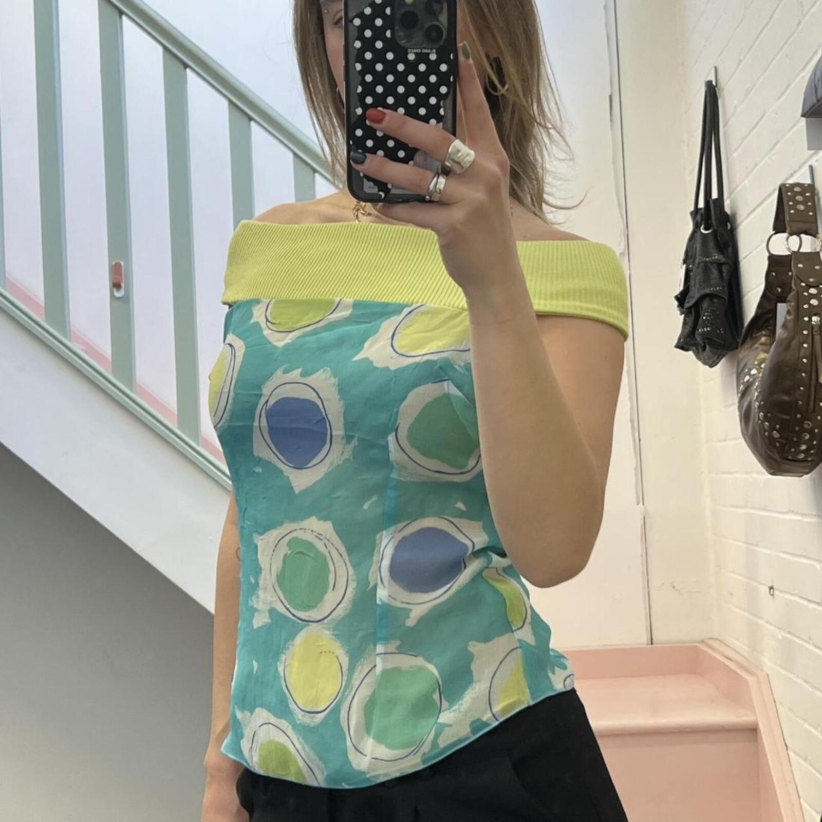 Teal and green polka dot off shoulder vintage vest top