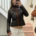 Dark brown leather zip up layered fitted vintage jacket with dual zip
