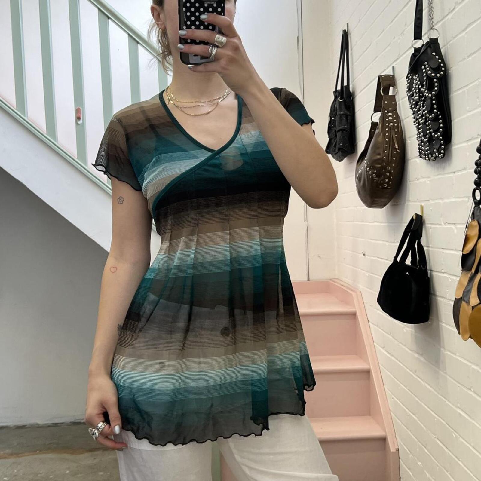 black white and teal striped mesh longline top with tie waist