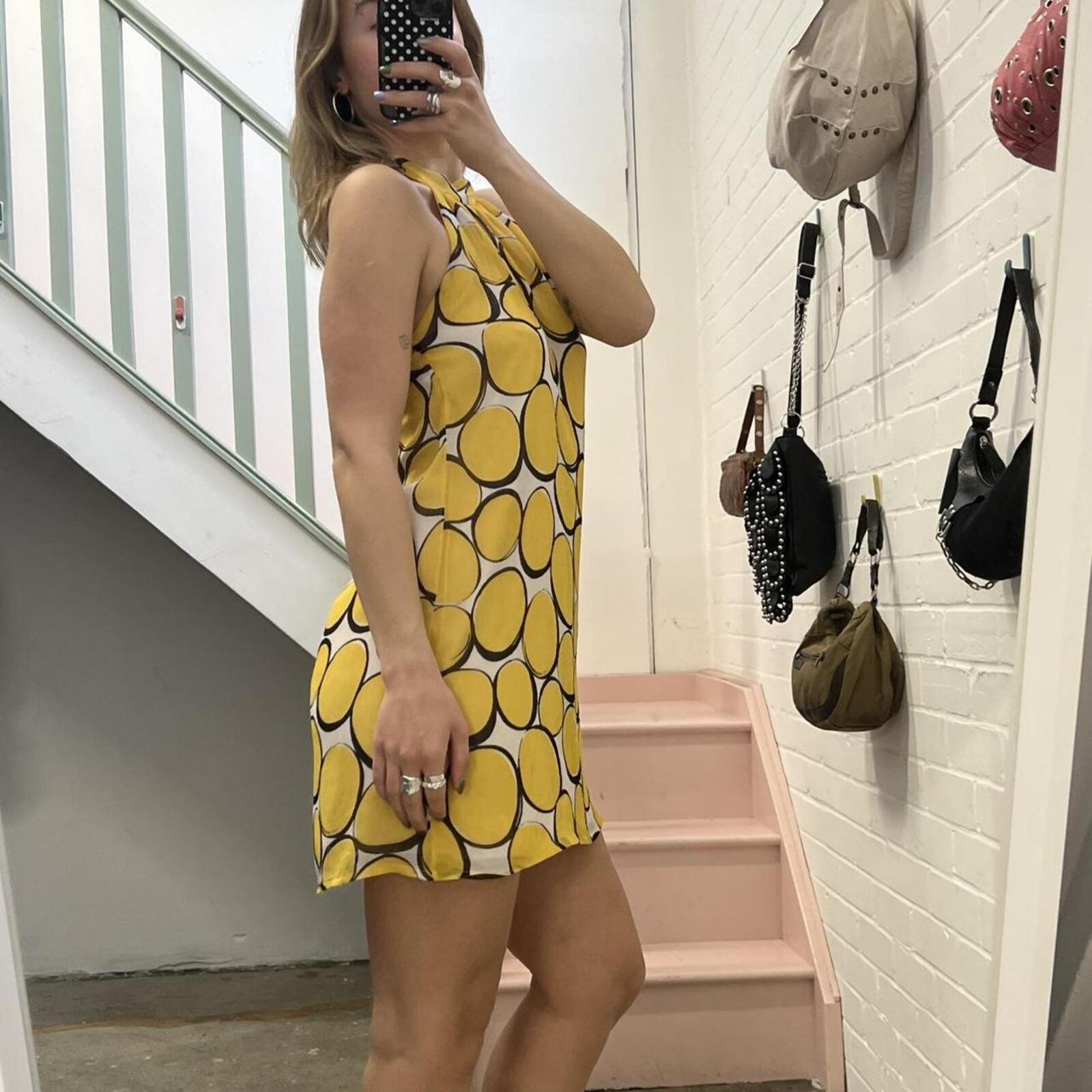 Yellow polka dot geo print halter neck vintage slip dress