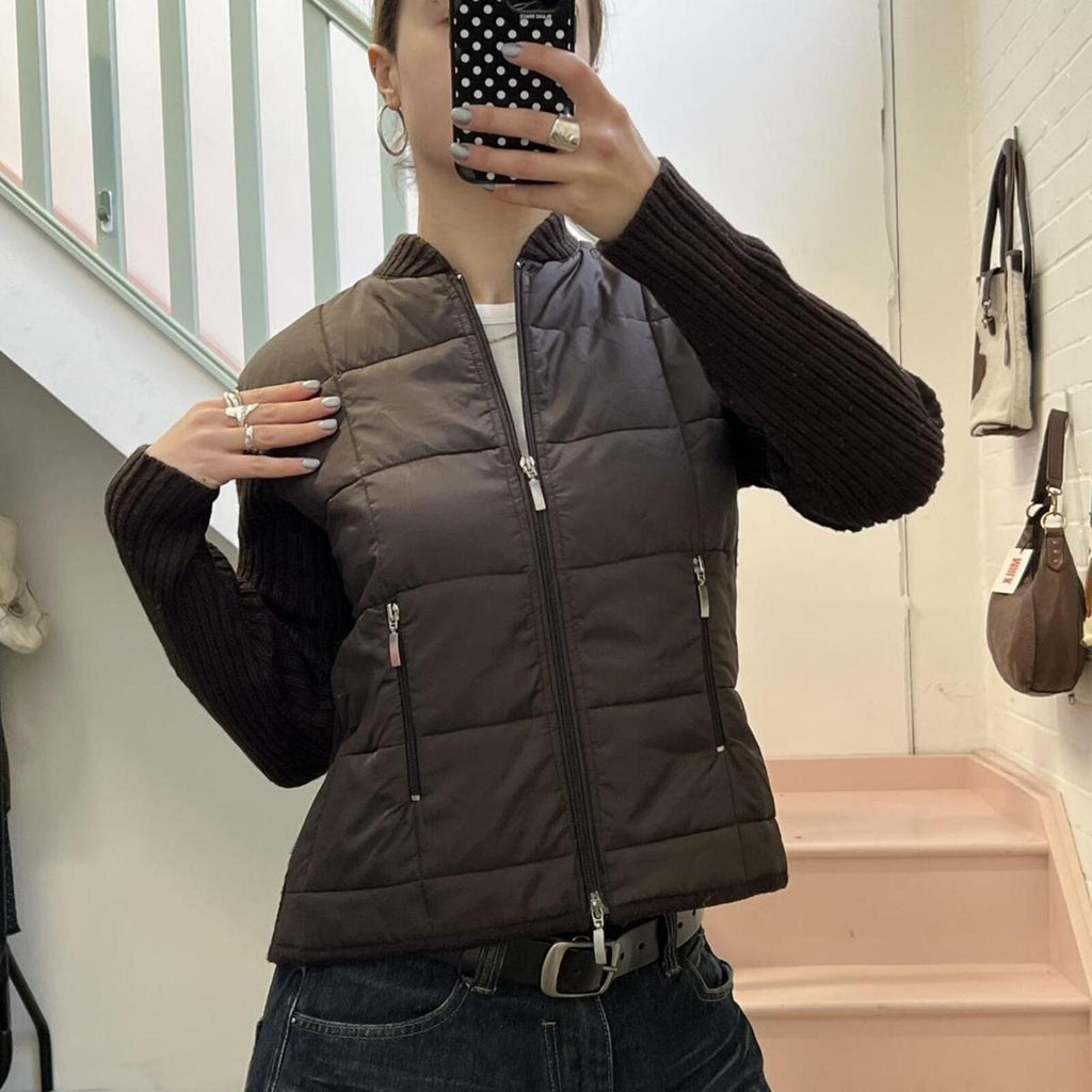 brown vintage padded sweater with lambs wool knitted sleeves and dual zip