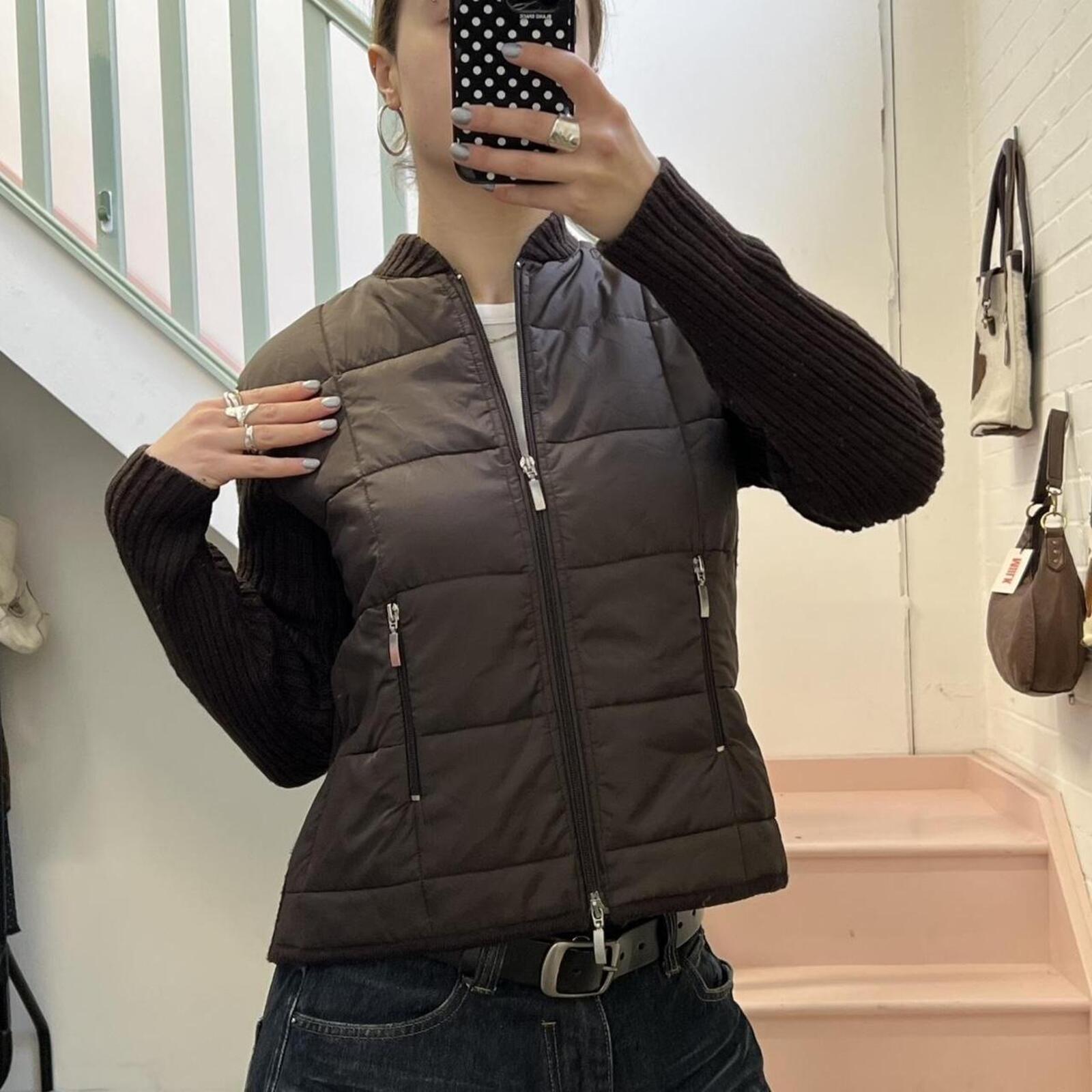 brown vintage padded sweater with lambs wool knitted sleeves and dual zip