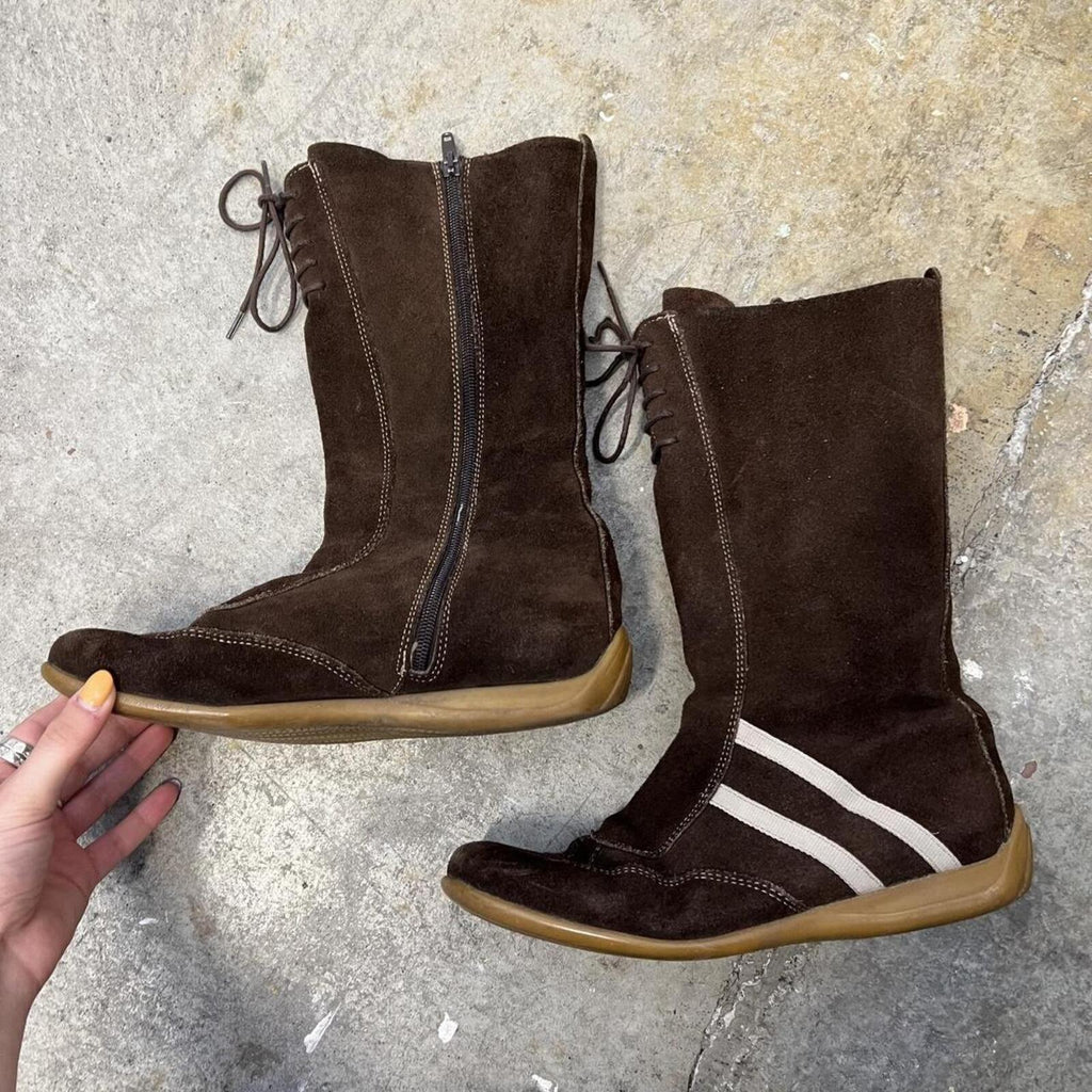 Brown suede mid calf flat boxing boots with white stripes