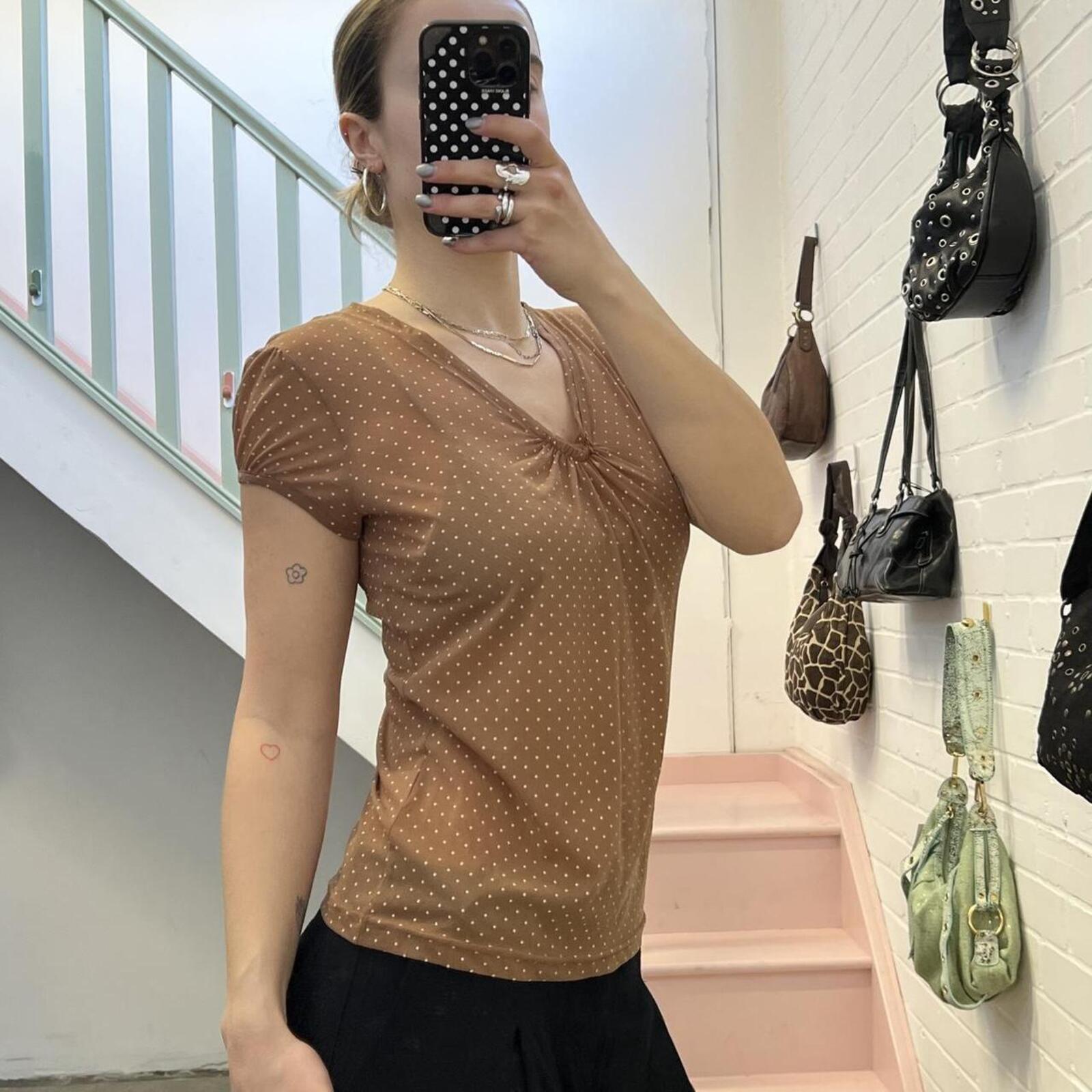 Cream and white polka dot fitted vintage mesh top