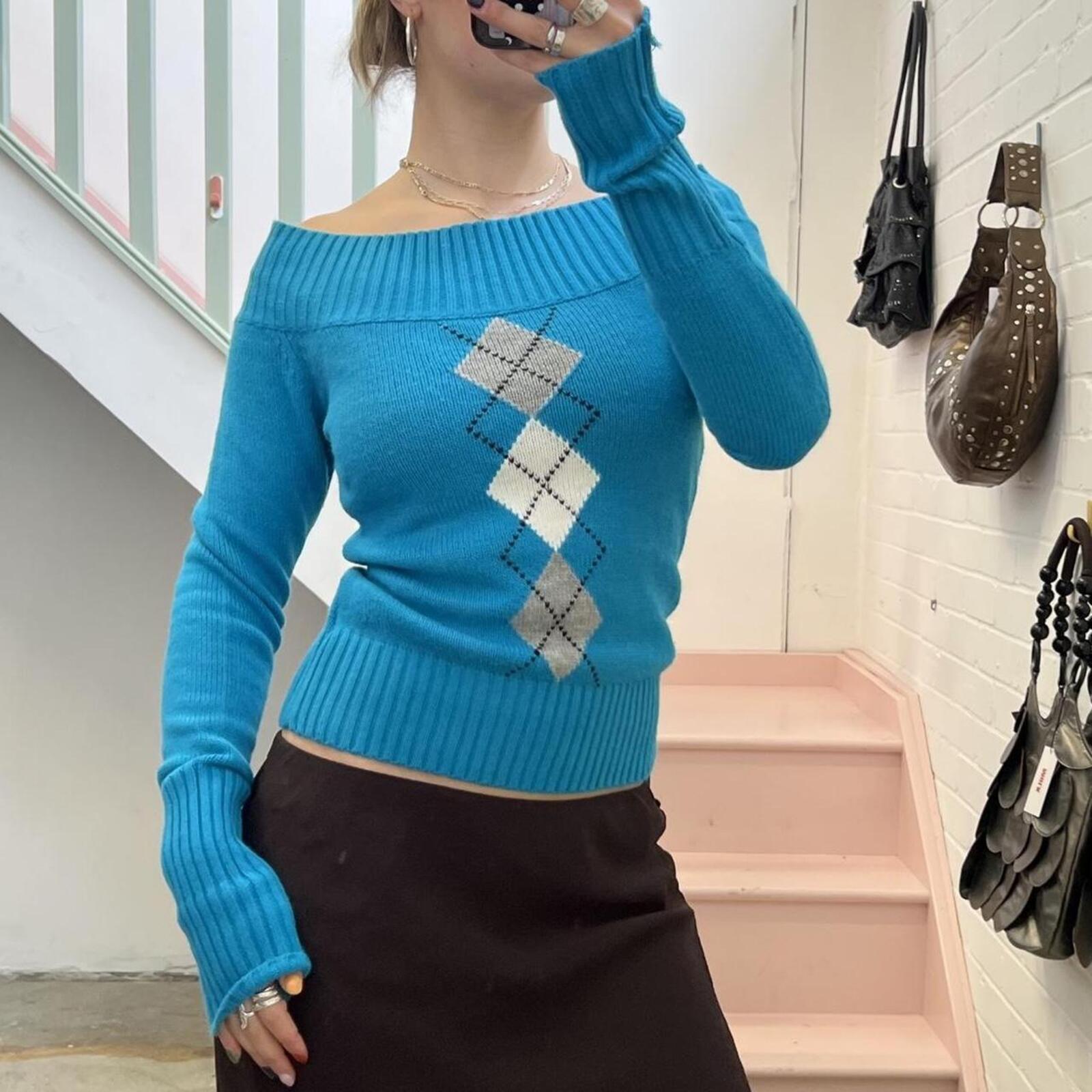 Blue turquoise off shoulder argyle style long sleeve knit