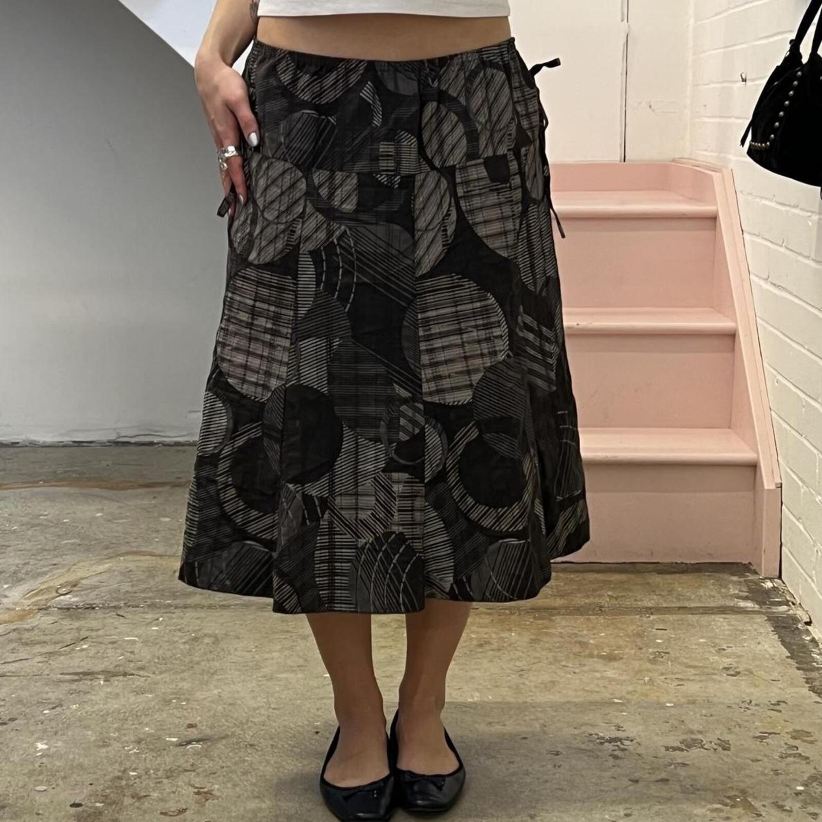 Brown and grey polka dot geo print floaty utility style vintage midi skirt