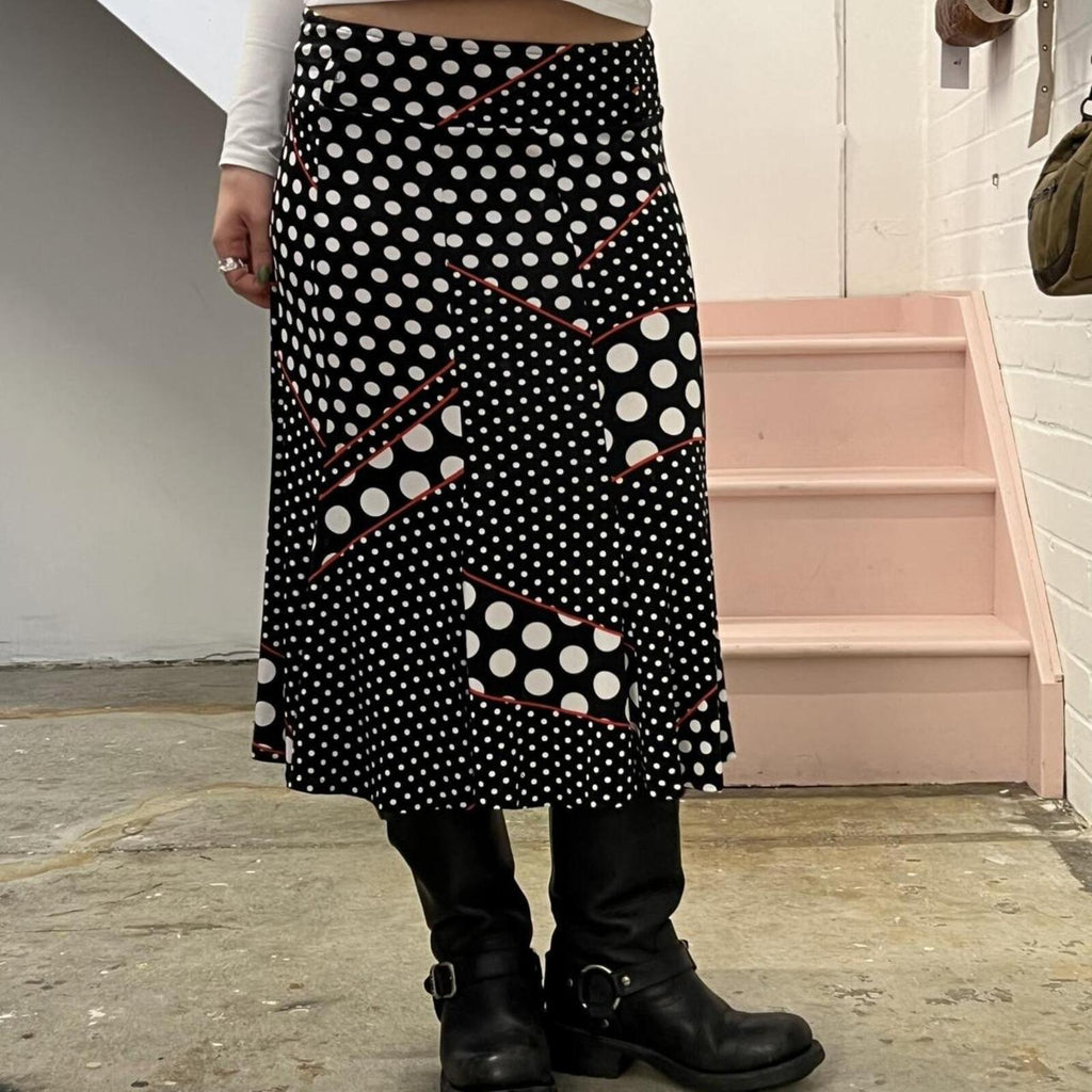 Black and white polka dot patchwork floaty vintage maxi skirt with red contrast stitching