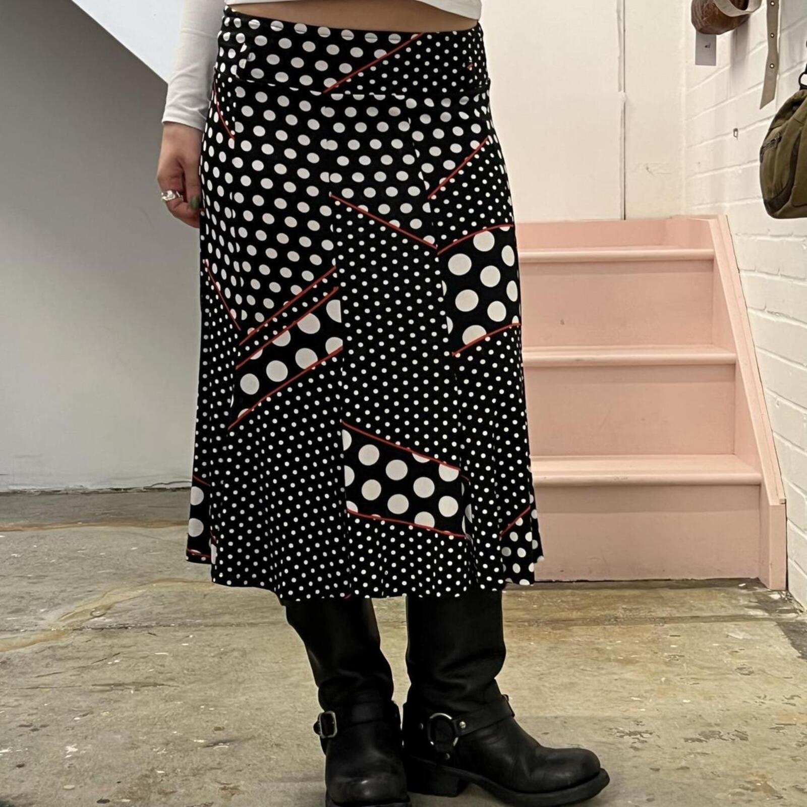 Black and white polka dot patchwork floaty vintage maxi skirt with red contrast stitching
