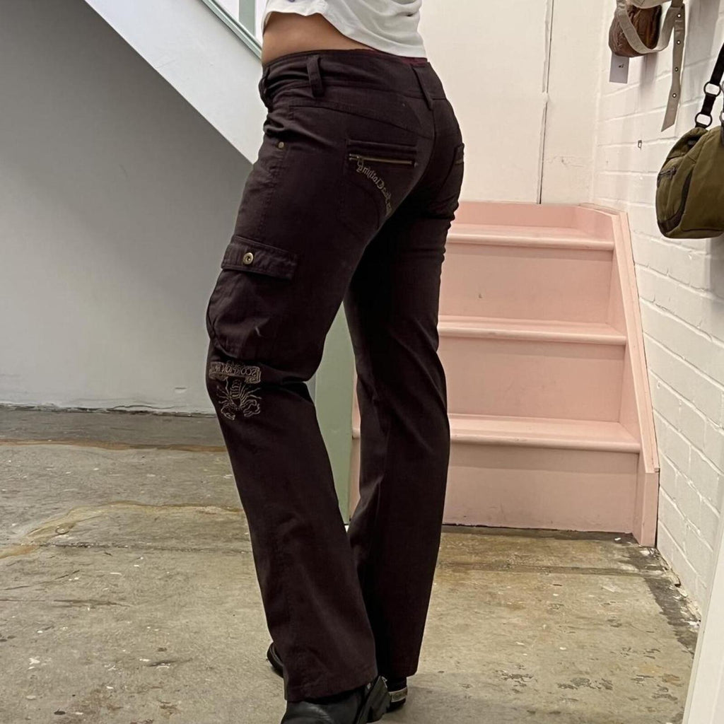 Brown checkered low rise straight leg tailored vintage embroidered trousers