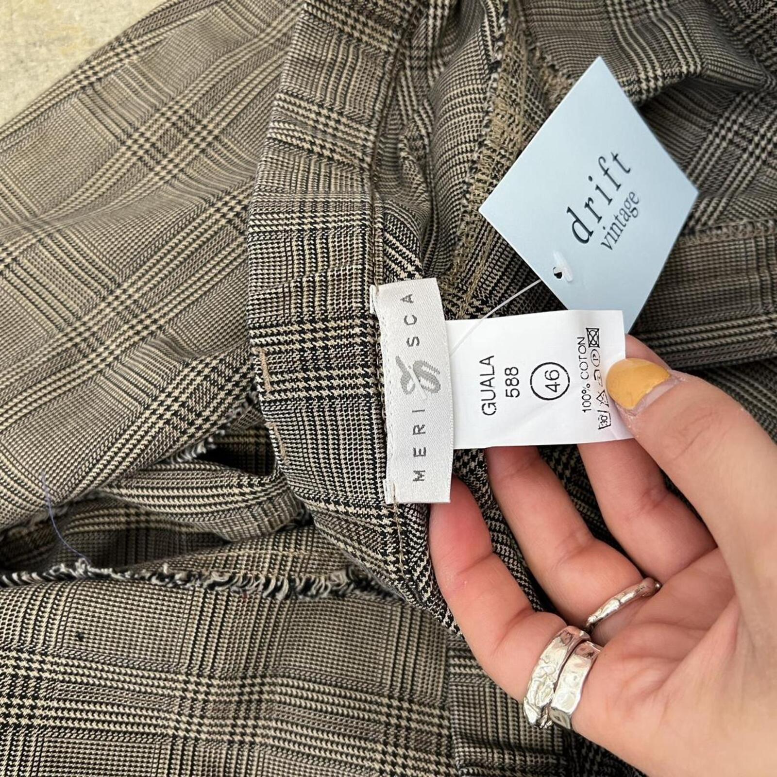 grey brown checkered vintage tailored maxi skirt with distressed hem