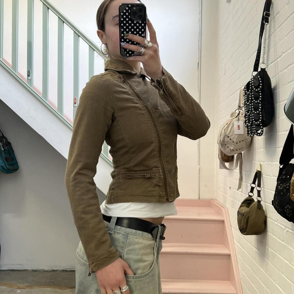 Khaki brown denim fitted zip up biker style vintage jacket