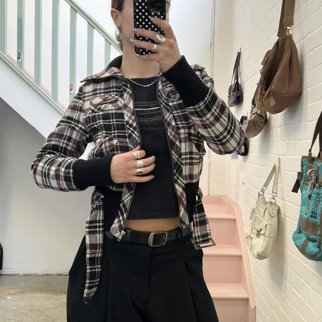 purple and white check wool zip up bomber jacket with belted waist