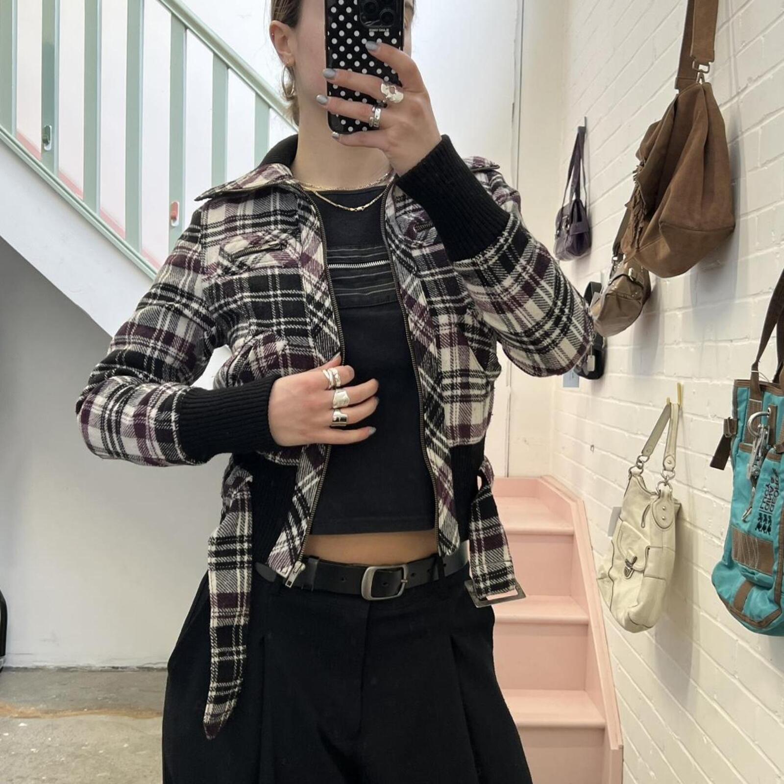 purple and white check wool zip up bomber jacket with belted waist