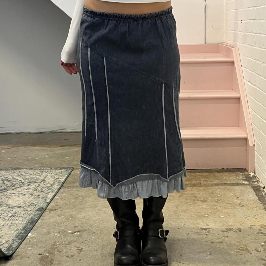Navy denim look utility style midi skirt
