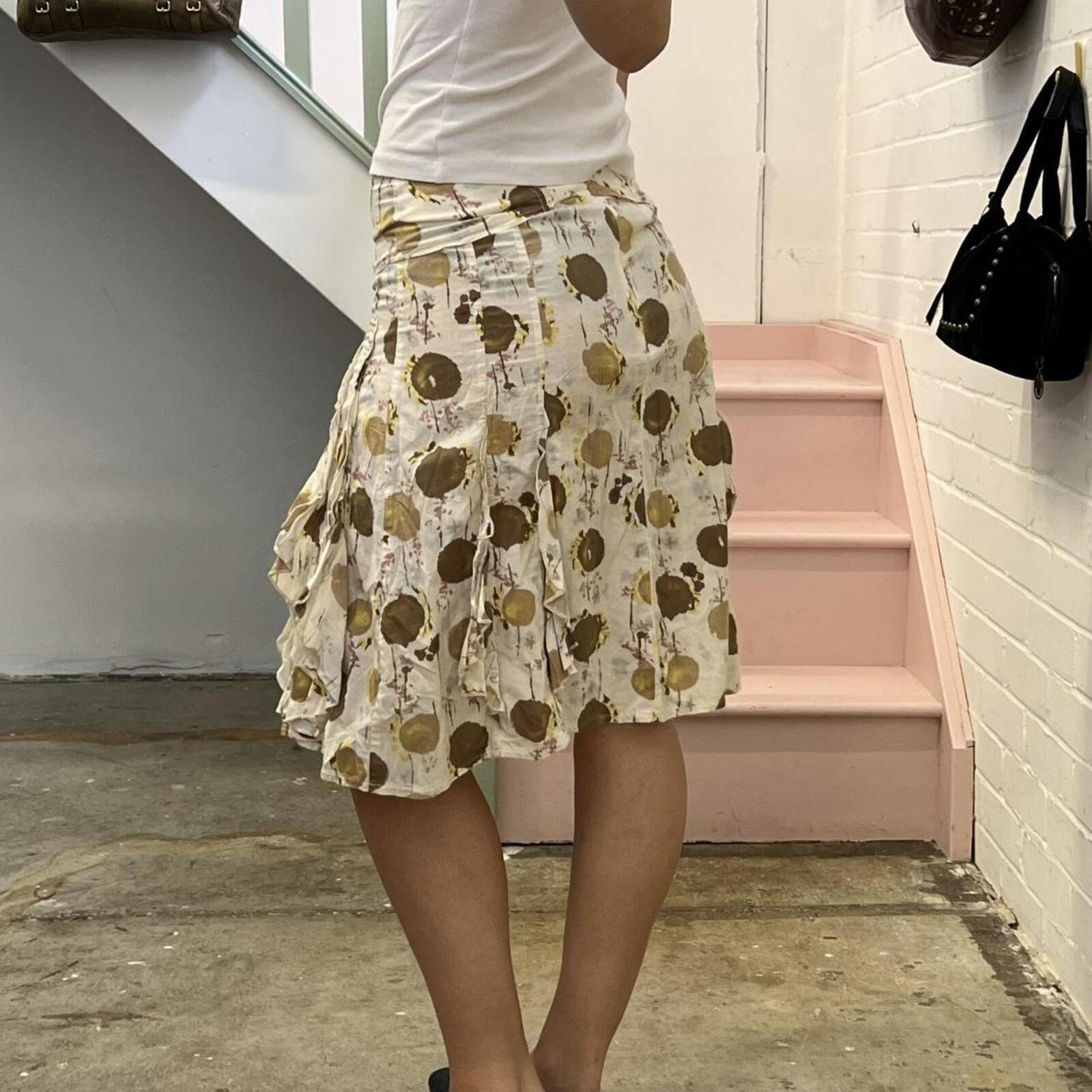 cream and brown polka dot ruffle midi skirt