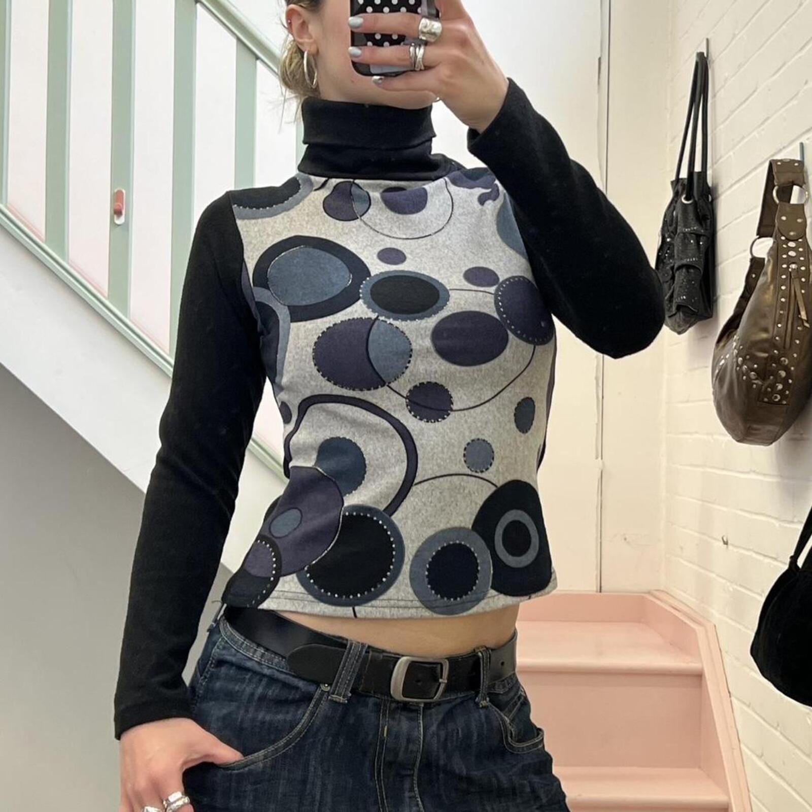black and grey roll neck polka dot geo print vintage retro style sweater