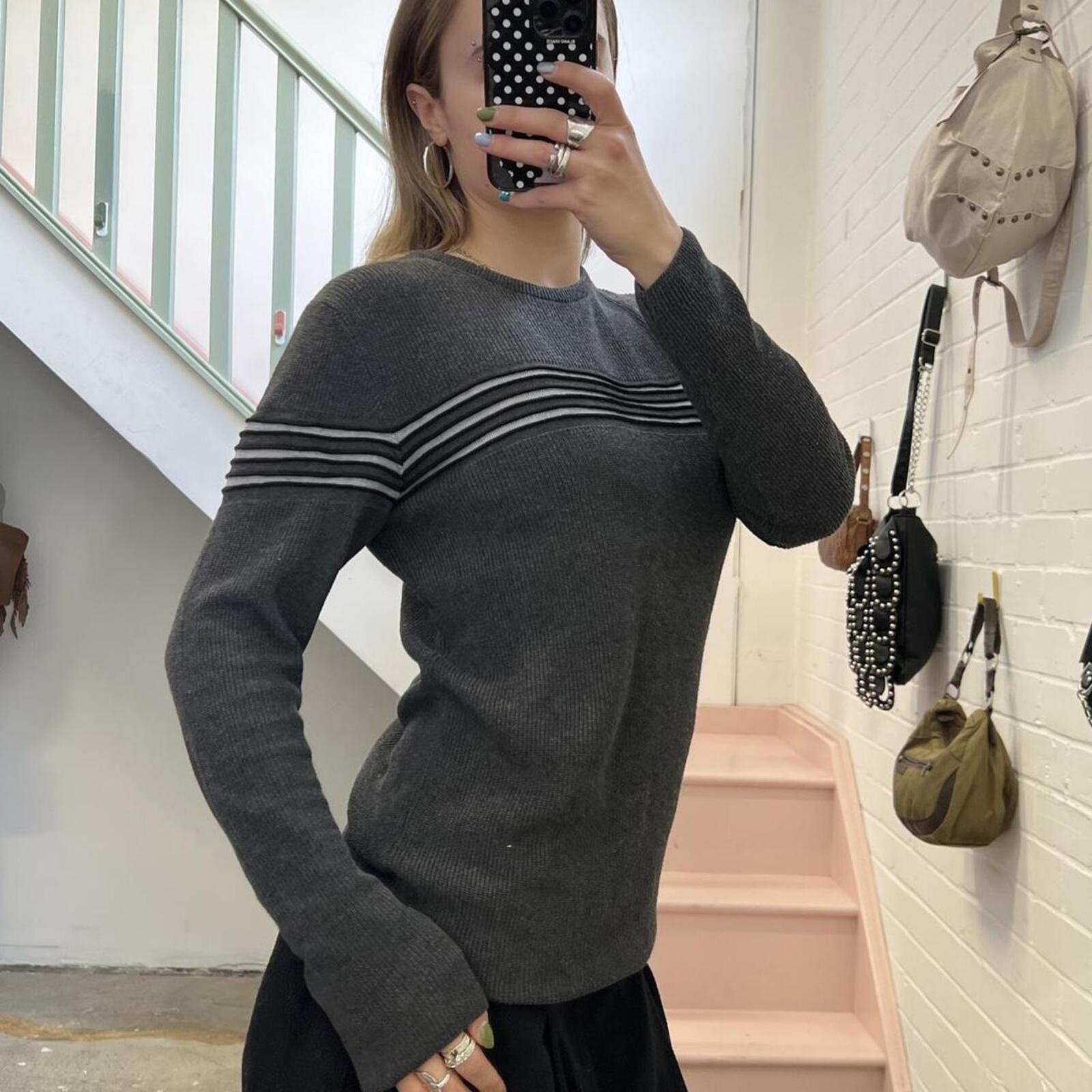 Grey knitted stripe vintage crew neck sweater