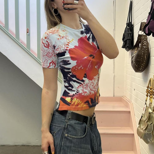 baby blue and pink hibiscus print vintage terranova baby tee