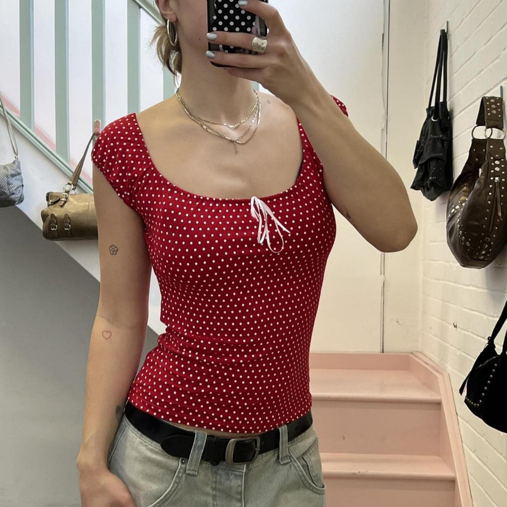 Red and white polka dot scoop neck milkmaid style vintage baby tee