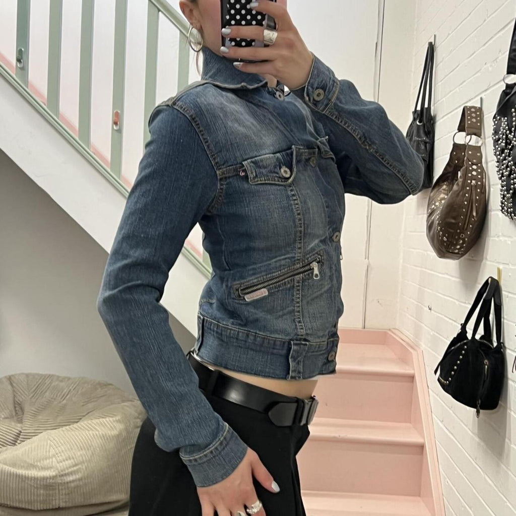 Navy button up utility style fitted vintage denim jacket