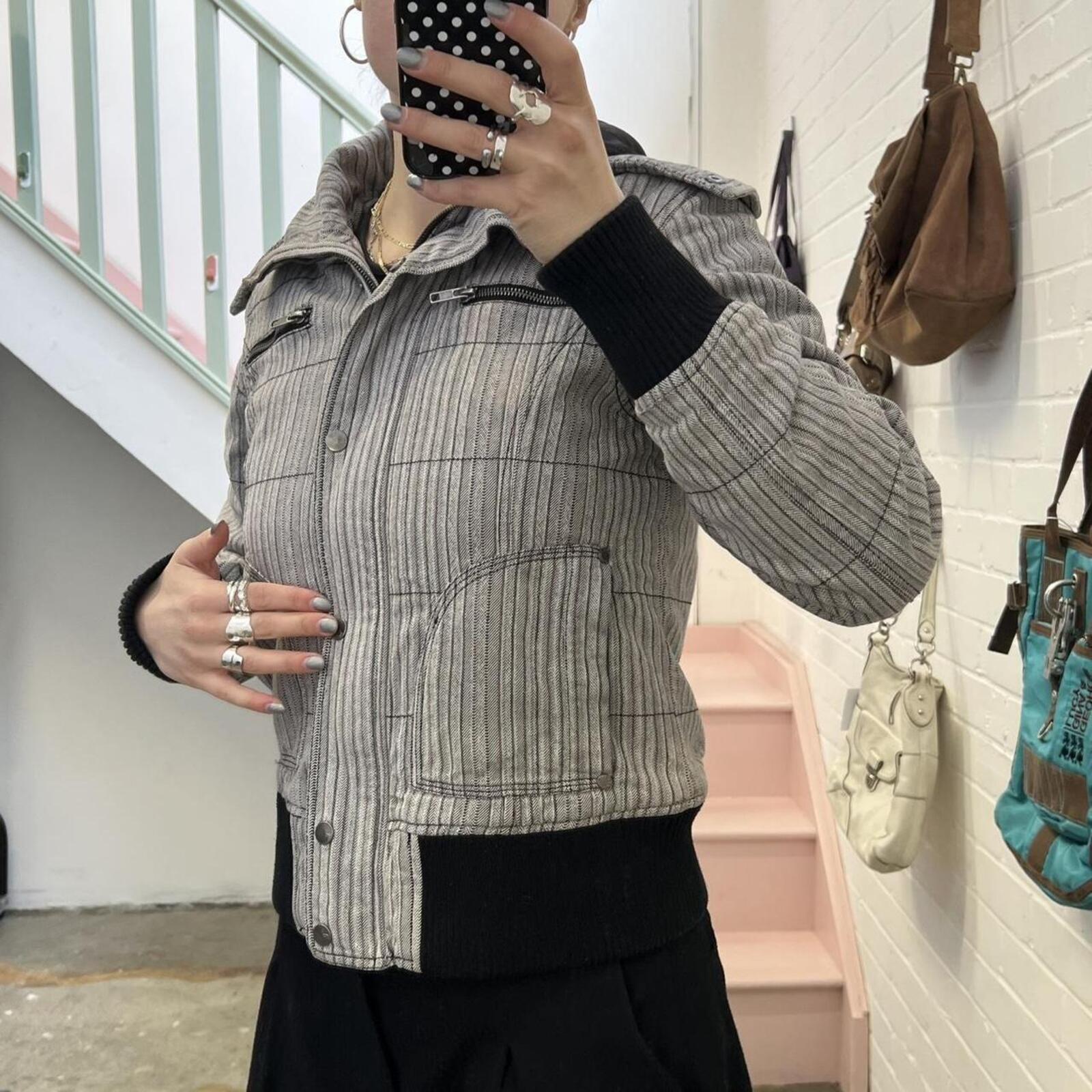 Fishbone grey striped padded hooded zip up coat