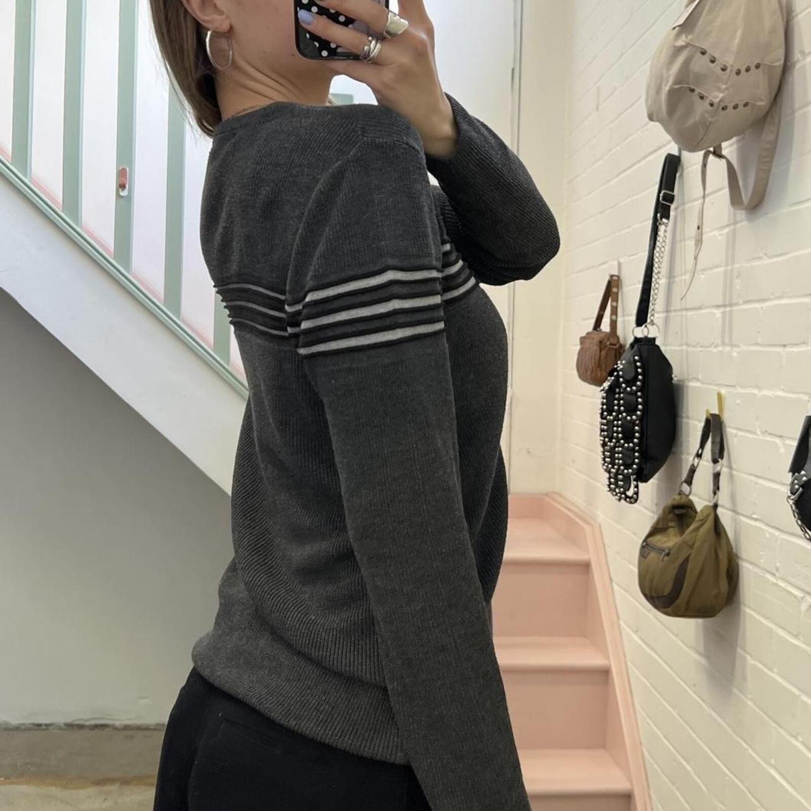 Grey knitted stripe vintage crew neck sweater