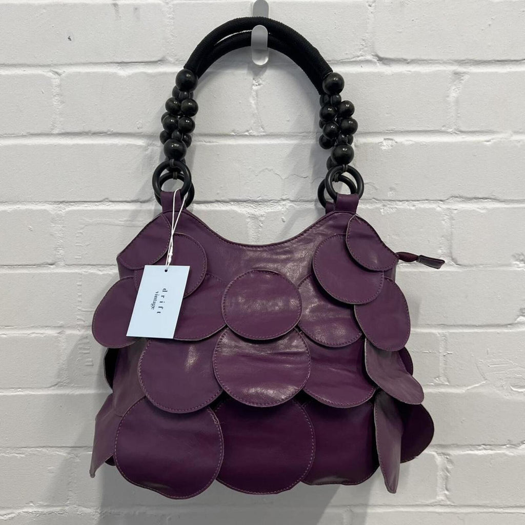 purple vintage faux leather layered disc bag with beaded strap