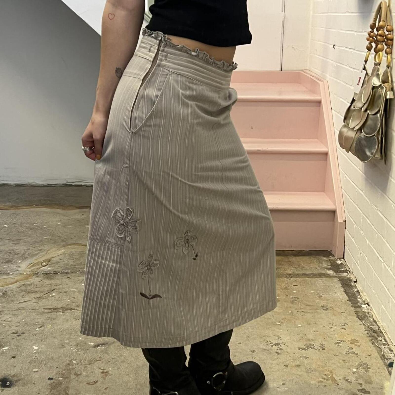 cream and grey pinstripe vintage maxi skirt with floral embroidery