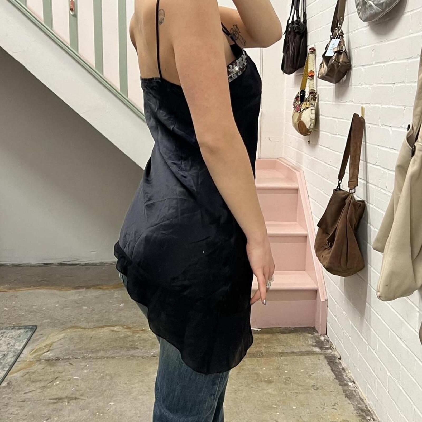 Black silk vintage asymmetrical long cami / dress perfect for layering