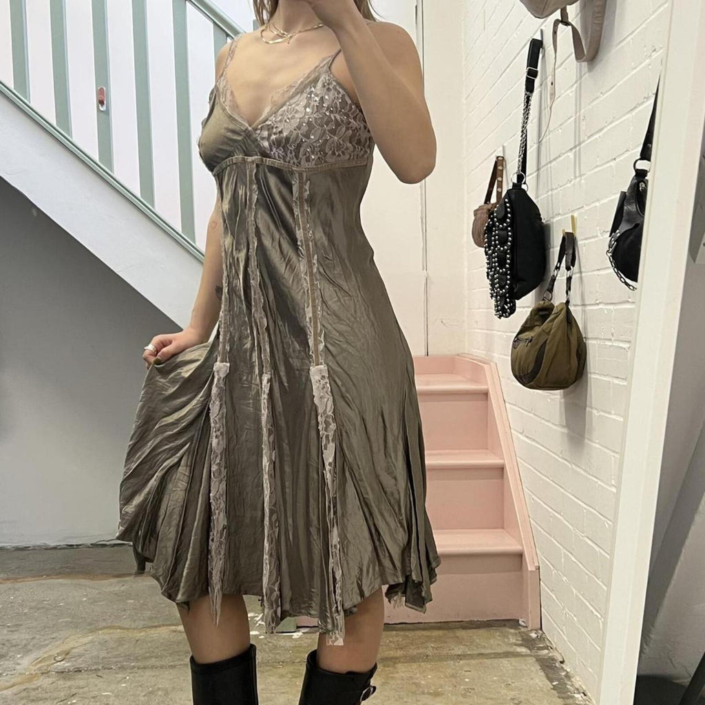 Grey satin floaty flared strappy midi slip dress with lace panels