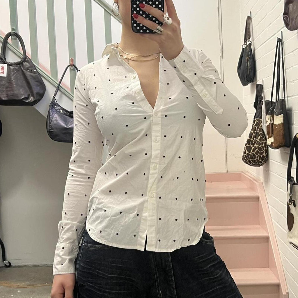 white and black fitted polka dot vintage shirt